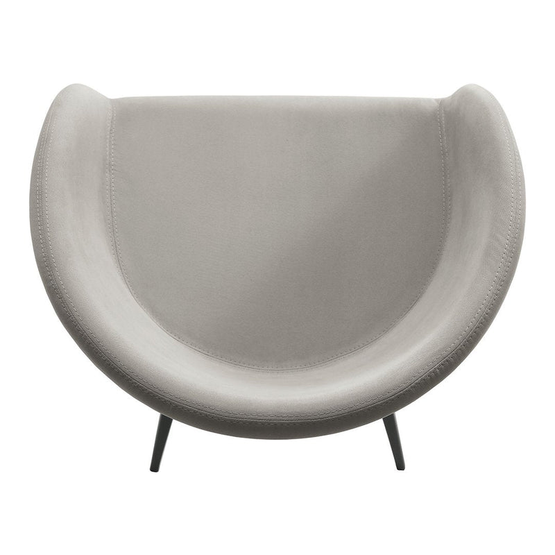 Stylish light gray half-moon chair with smooth velvet upholstery and sleek black metal legs.