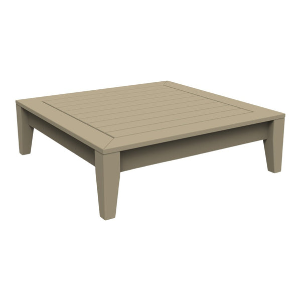 Beige square coffee table with horizontal slat pattern and sturdy legs, perfect for outdoor or indoor use.
