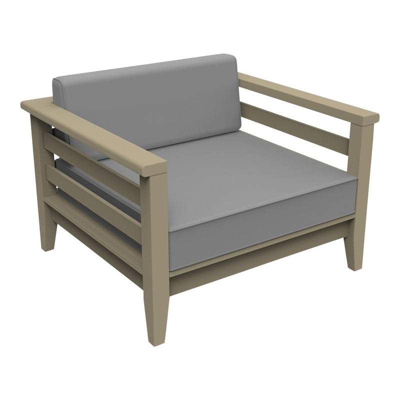 Gray cushion lounge chair with a light beige frame and minimalist slatted design, perfect for modern outdoor spaces.