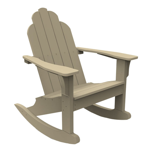 Beige rocking chair with a classic slatted design and curved top, perfect for outdoor relaxation.