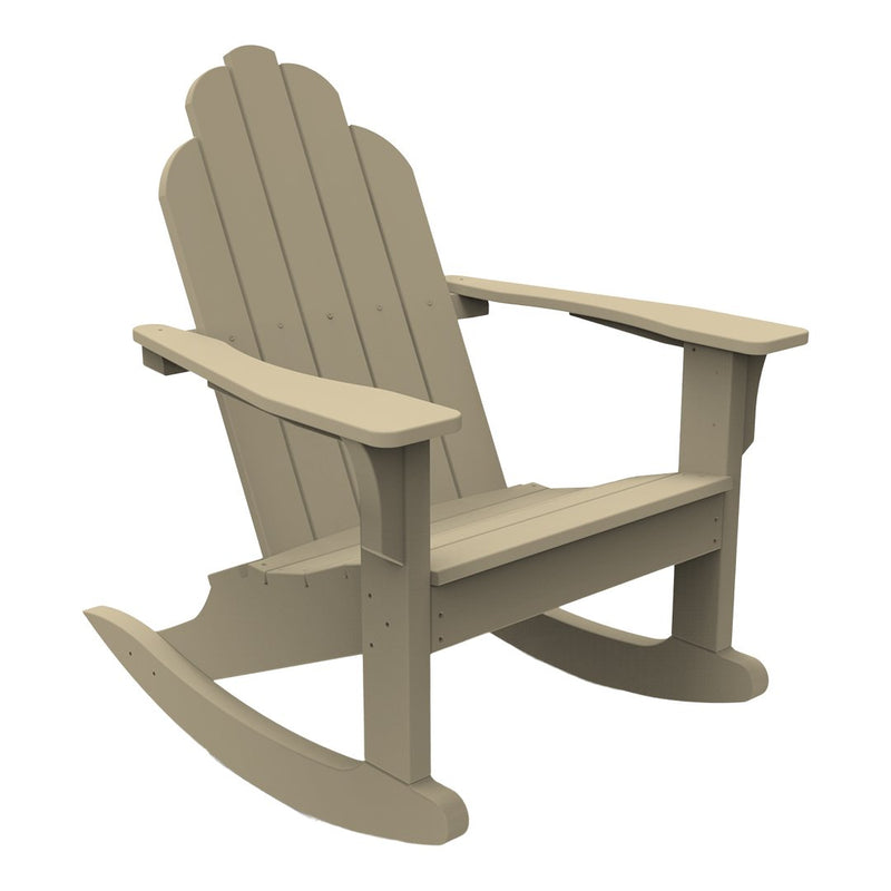 Beige rocking chair with a classic slatted design and curved top, perfect for outdoor relaxation.