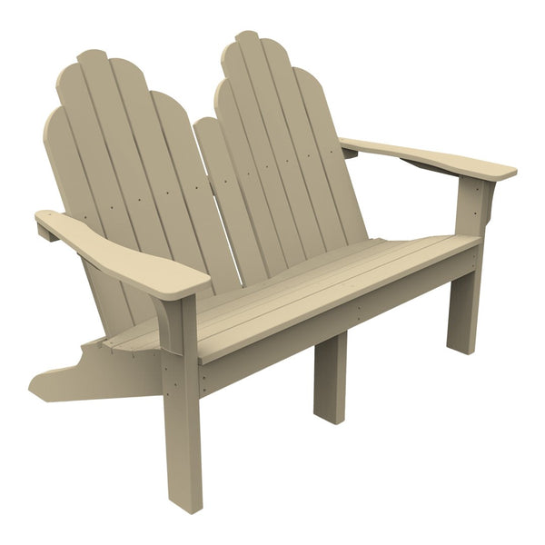 Light beige two-person Adirondack bench with a scalloped backrest and smooth, horizontal slats.
