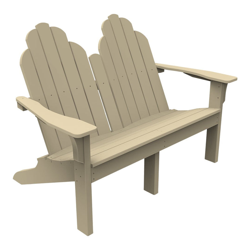Light beige two-person Adirondack bench with a scalloped backrest and smooth, horizontal slats.