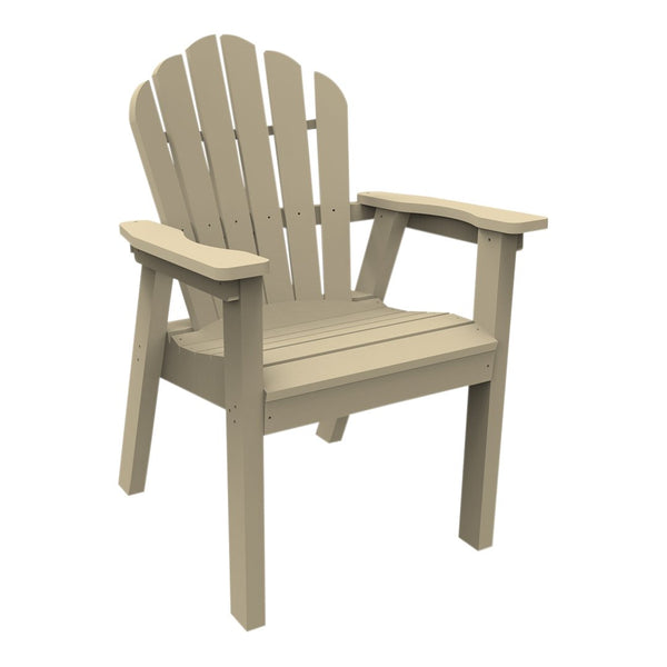 Beige adirondack chair with slatted back and sturdy armrests, perfect for outdoor relaxation.