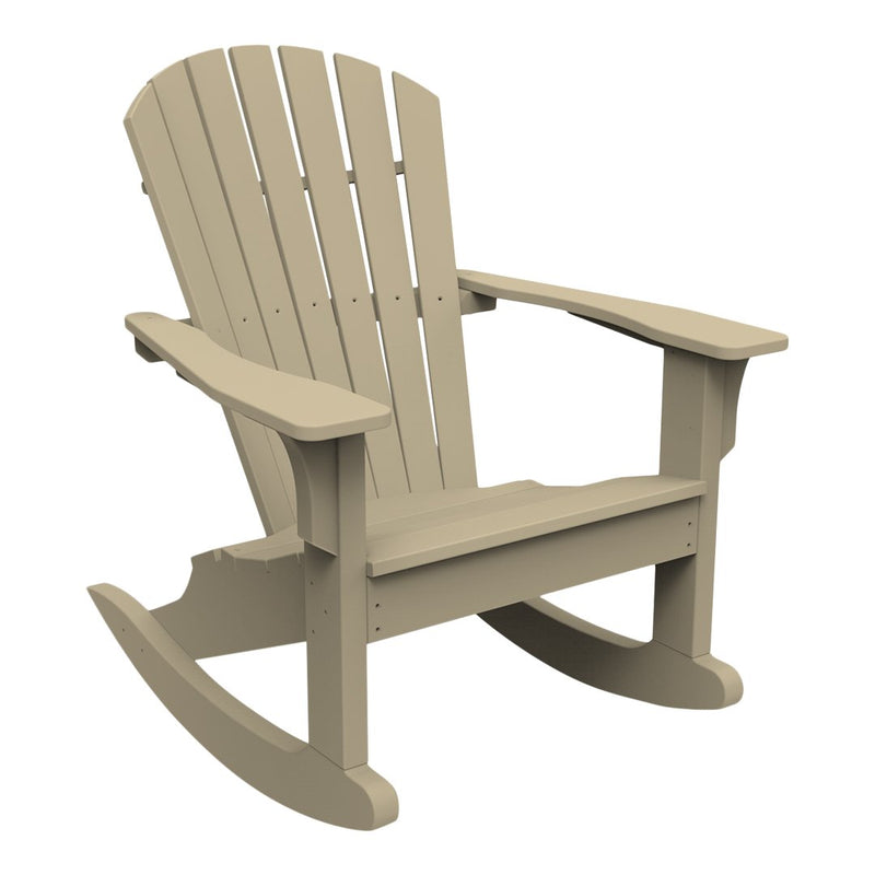 Beige wooden rocking chair with slatted design and smooth finish, perfect for outdoor relaxation.