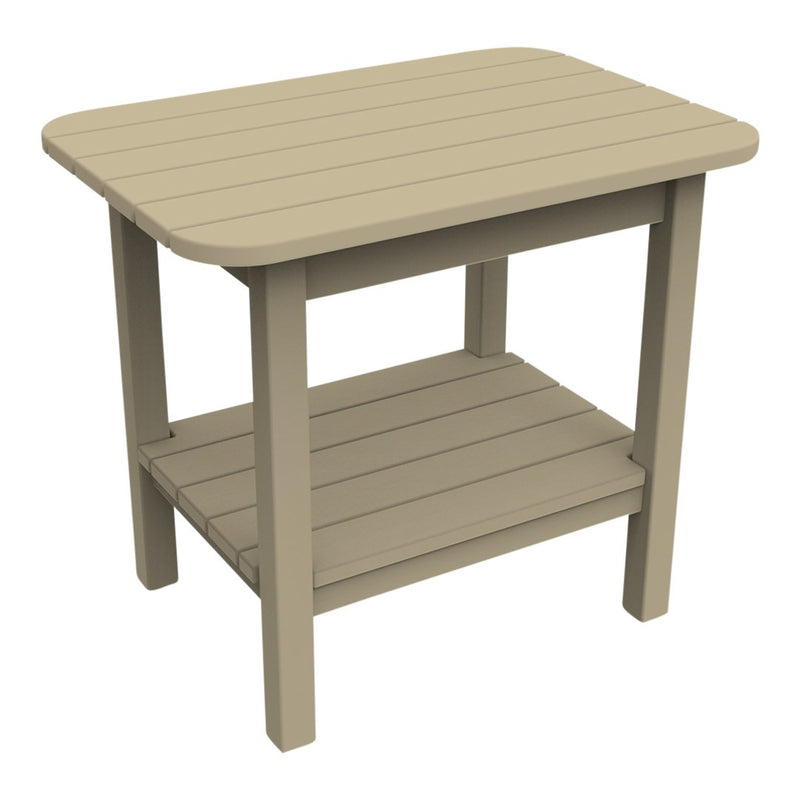 Beige rectangular side table with slatted design and lower shelf for storage, perfect for outdoor or patio use.