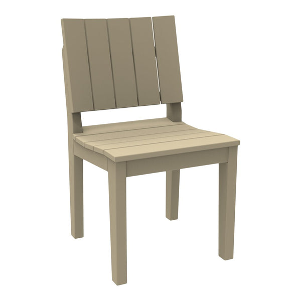"Neutral beige wooden chair with slatted back and seat for a rustic, modern look."