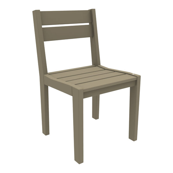 Neutral taupe chair with slatted seat and backrest, featuring a simple and modern design. Perfect for versatile decor.