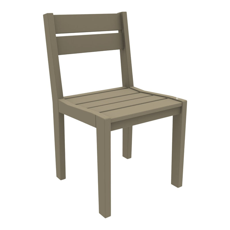 Neutral taupe chair with slatted seat and backrest, featuring a simple and modern design. Perfect for versatile decor.
