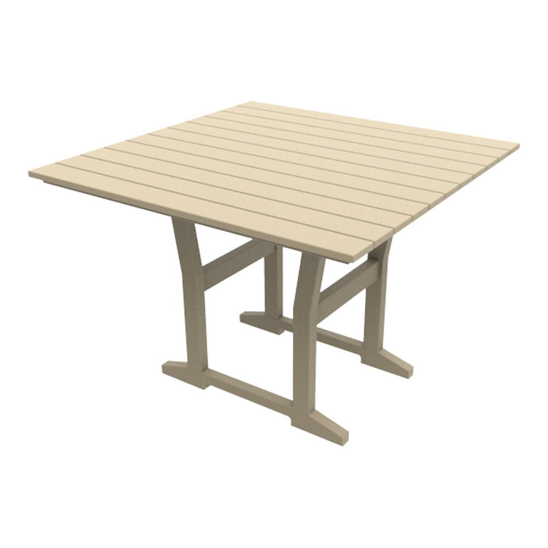 Square outdoor table in soft beige with a slatted top and sturdy base, perfect for patio or balcony settings.
