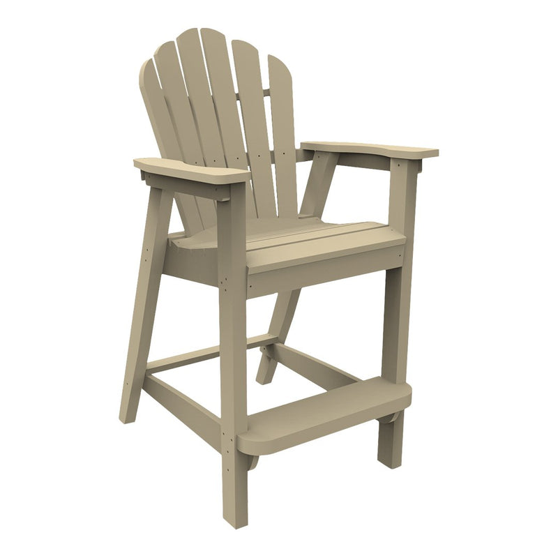 Tan Adirondack high chair with a classic slatted back and smooth finish, perfect for outdoor seating.