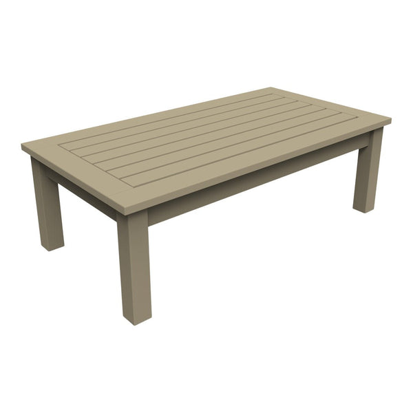 Rectangular coffee table in a soft taupe color with a slatted top and sturdy square legs, perfect for modern décor.