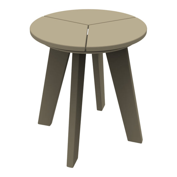 Round, taupe outdoor stool with a minimalist design and three sturdy legs. Perfect for adding subtle elegance to any space.