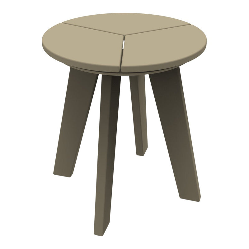 Round, taupe outdoor stool with a minimalist design and three sturdy legs. Perfect for adding subtle elegance to any space.