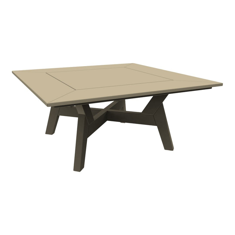 Square outdoor dining table in light beige with a sleek, modern design and contrasting dark brown legs.