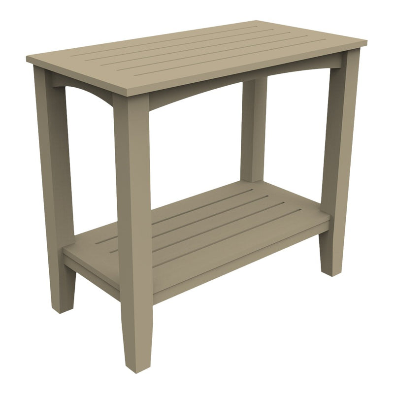 Light taupe outdoor table with slatted design and a lower shelf, ideal for patios and gardens.
