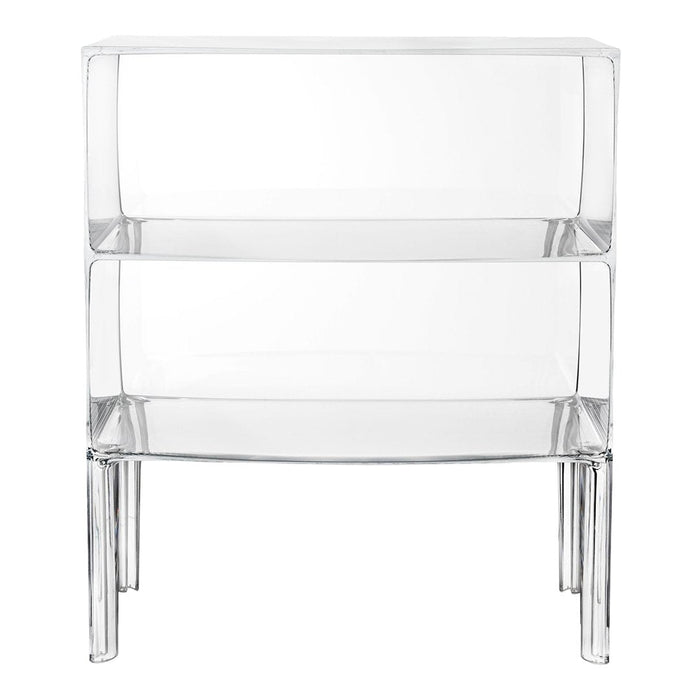 Clear acrylic two-tiered shelving unit with sleek, modern design and transparent finish. Ideal for minimalist decor.