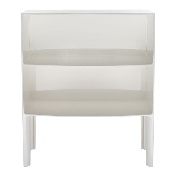 Modern gray and white two-drawer nightstand with a sleek, minimalist design and clear acrylic body.
