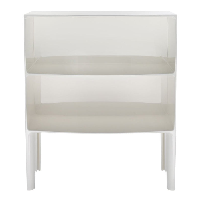 Modern gray and white two-drawer nightstand with a sleek, minimalist design and clear acrylic body.