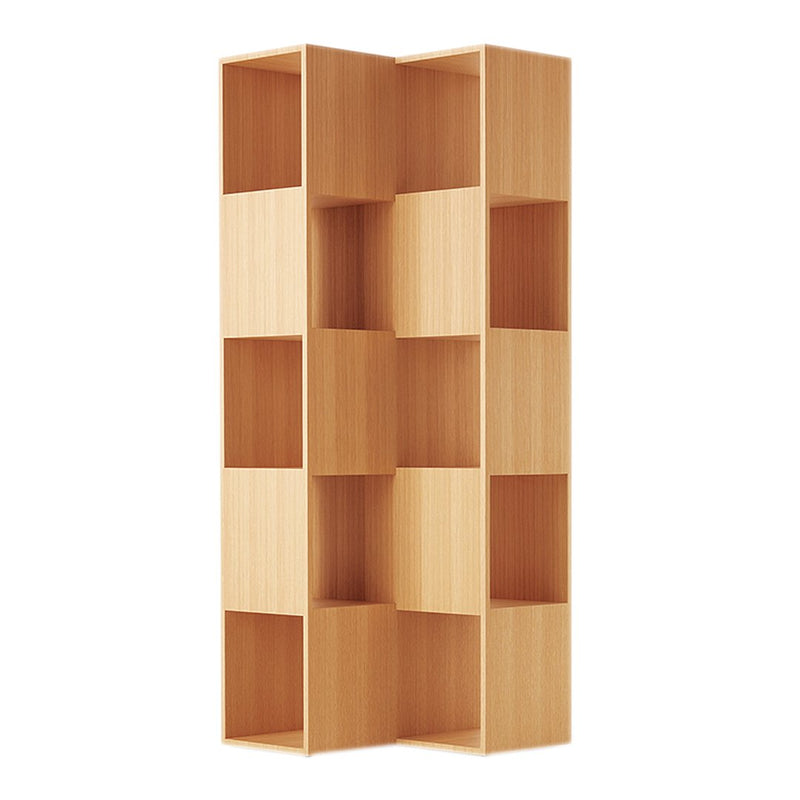 Light wood bookshelf with an open design, featuring alternating solid and hollow sections for storage and display.
