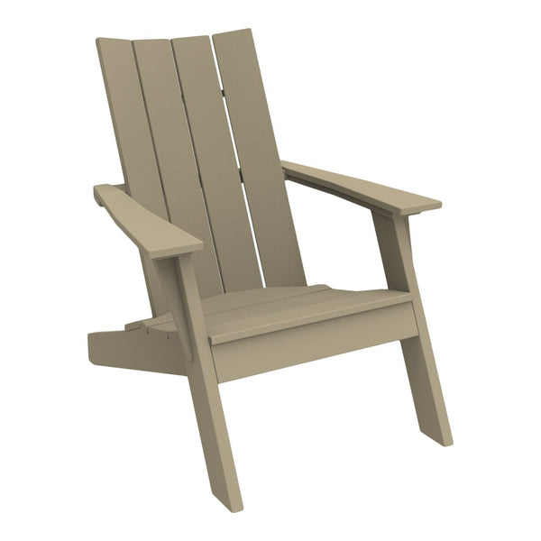Beige Adirondack chair with a slatted design, perfect for outdoor relaxation and versatile decor.