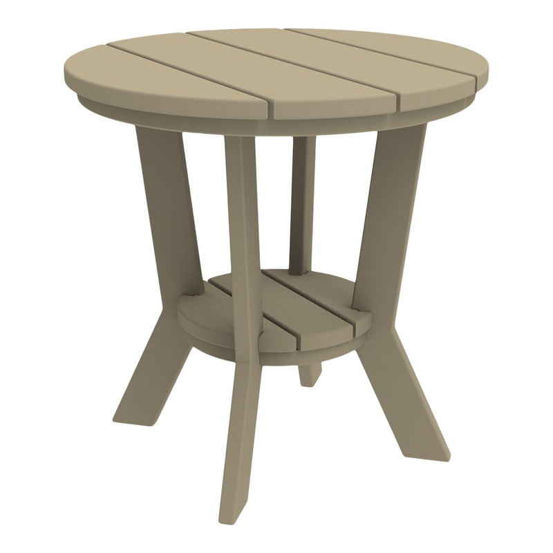 Round beige wooden side table with slatted top and two-tier design. Ideal for outdoor or indoor use.
