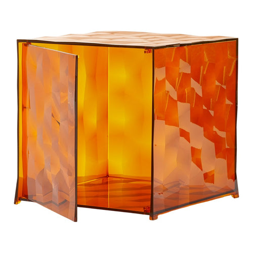 Orange acrylic storage cube with a textured, patterned surface for a modern, vibrant touch.