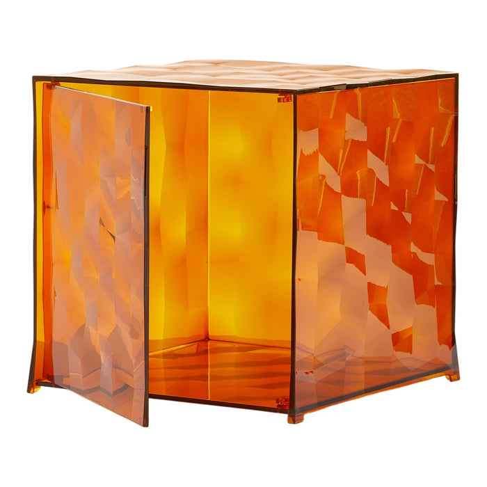Orange acrylic storage cube with a textured, patterned surface for a modern, vibrant touch.