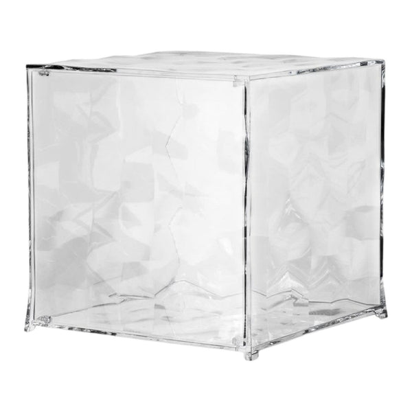 Clear acrylic cube with a textured, crackled surface and glossy finish, perfect for modern decor.