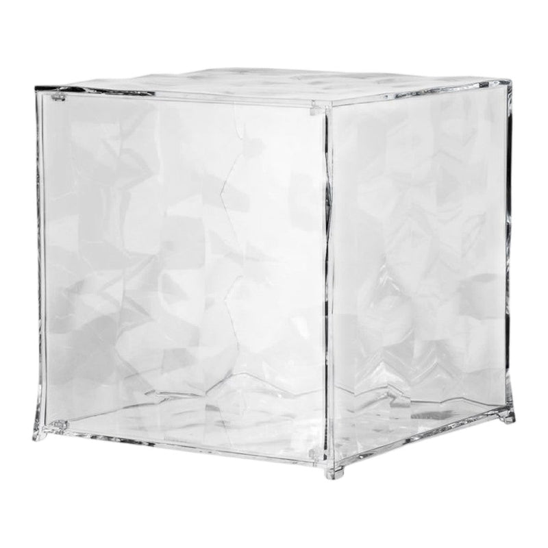 Clear acrylic cube with a textured, crackled surface and glossy finish, perfect for modern decor.