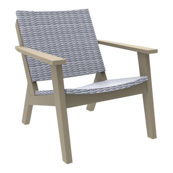 Gray woven patterns with a neutral beige frame. Stylish outdoor chair for modern spaces.
