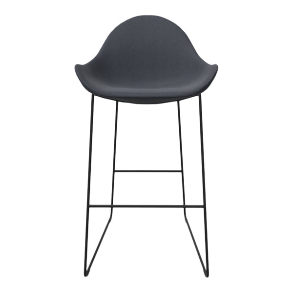 Modern black bar stool with a smooth charcoal seat and minimalist black metal legs, perfect for contemporary decor.