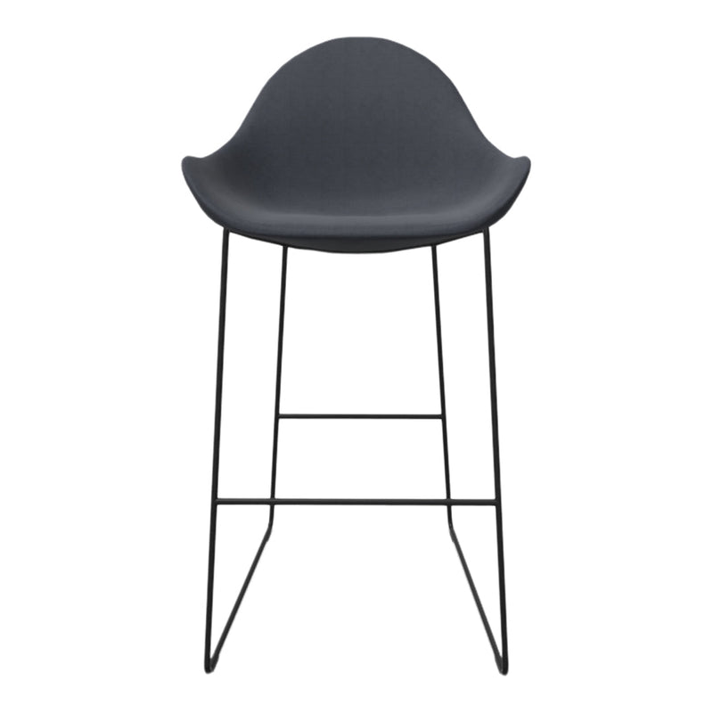 Modern black bar stool with a smooth charcoal seat and minimalist black metal legs, perfect for contemporary decor.