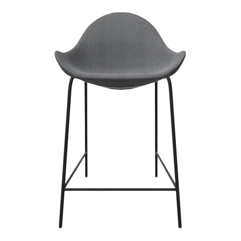 Gray upholstered bar stool with smooth, rounded seat and sleek black metal legs. Modern, minimalist design.