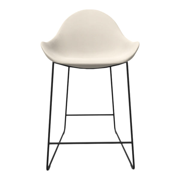Stylish cream bar stool with a curved seat and sleek black metal legs, perfect for modern interiors.