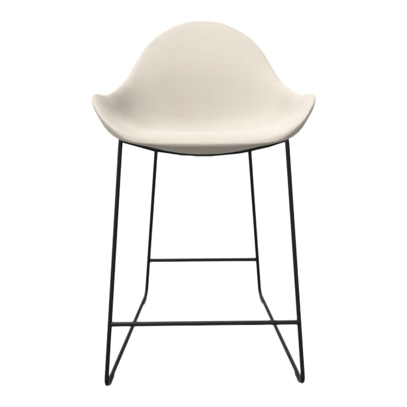 Stylish cream bar stool with a curved seat and sleek black metal legs, perfect for modern interiors.