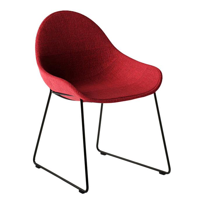 Red textured chair with a sleek black metal base, perfect for modern decor.
