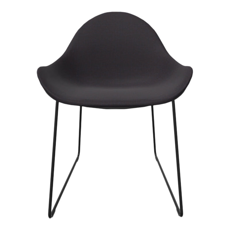 Sleek black chair with a smooth, contoured design and minimalist black metal legs. Perfect for modern decor.