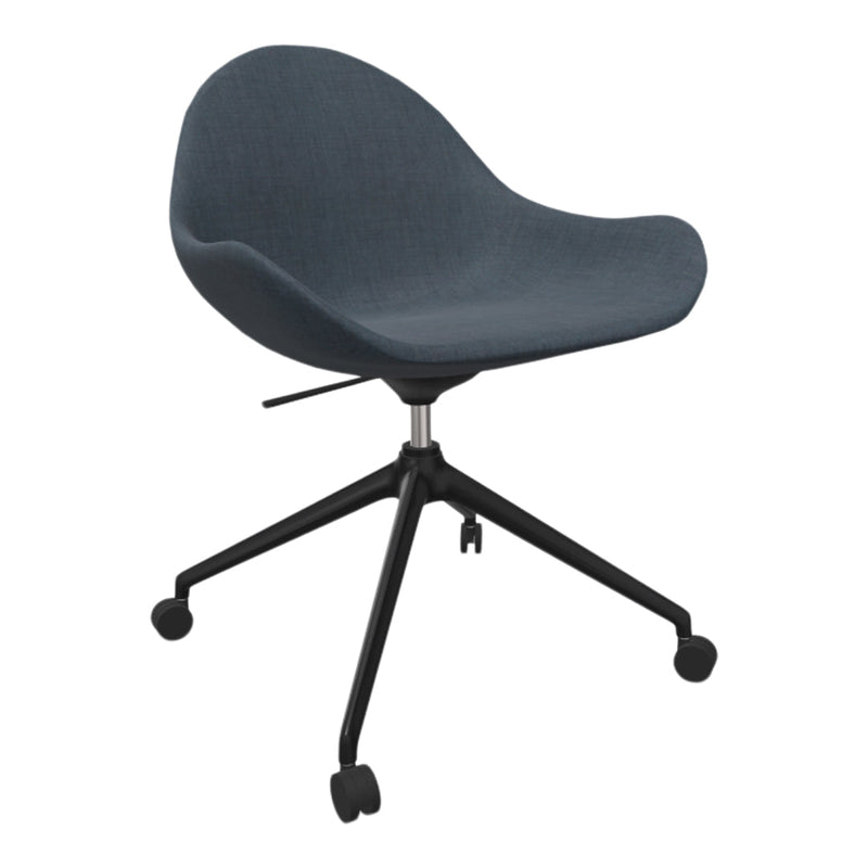 Dark blue fabric chair with a smooth texture and black metal base, featuring a minimalist design and ergonomic shape.