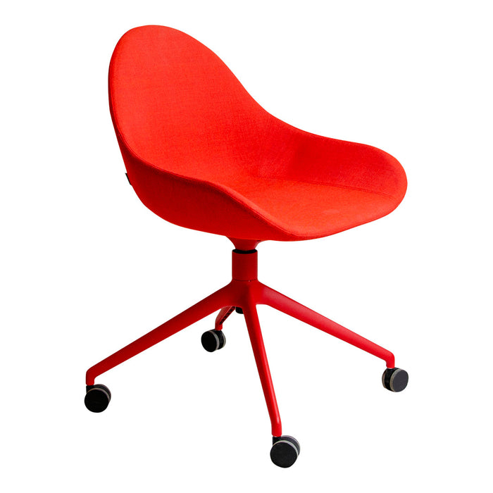Bright red ergonomic chair with a soft fabric seat and matching red base on rolling wheels. Ideal for modern decor.