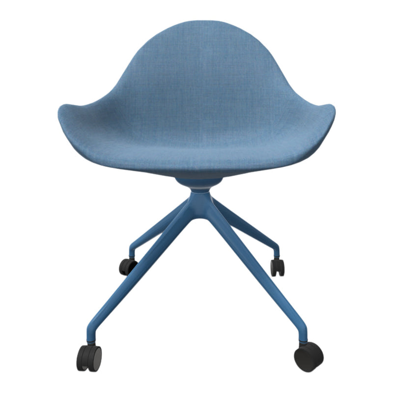 Blue upholstered chair with a smooth texture, featuring a sleek light blue base and rolling wheels for mobility.