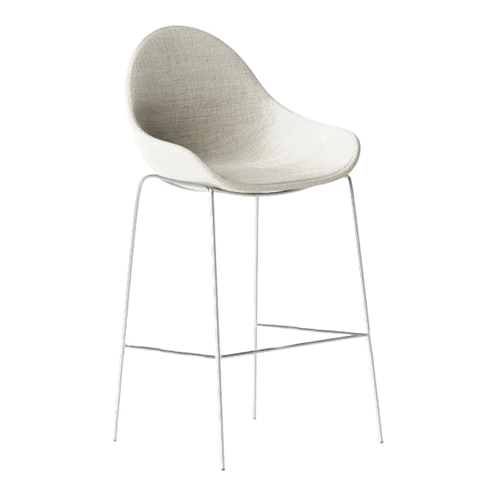 Light gray fabric upholstered bar stool with a smooth, curved shape and sleek silver metal legs.