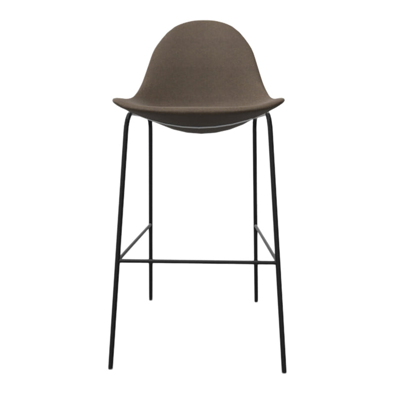 Brown upholstered bar stool with a sleek black metal frame, featuring a minimalist design and smooth curves.