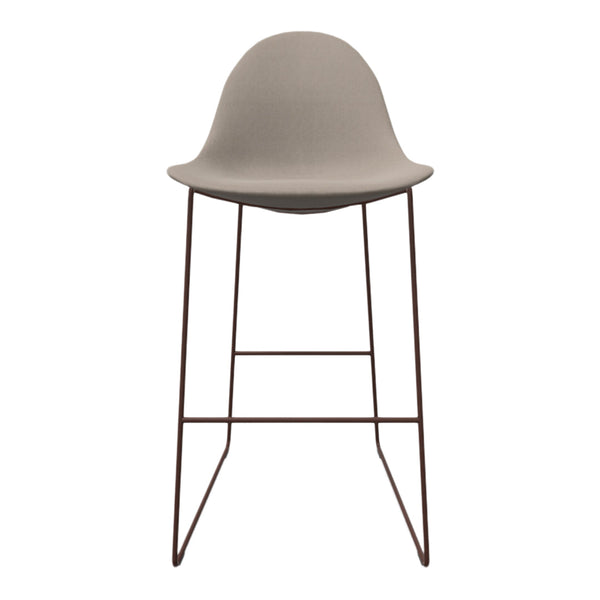 Light taupe bar stool with a minimalist design and sleek brown metal legs. Perfect for modern interiors.