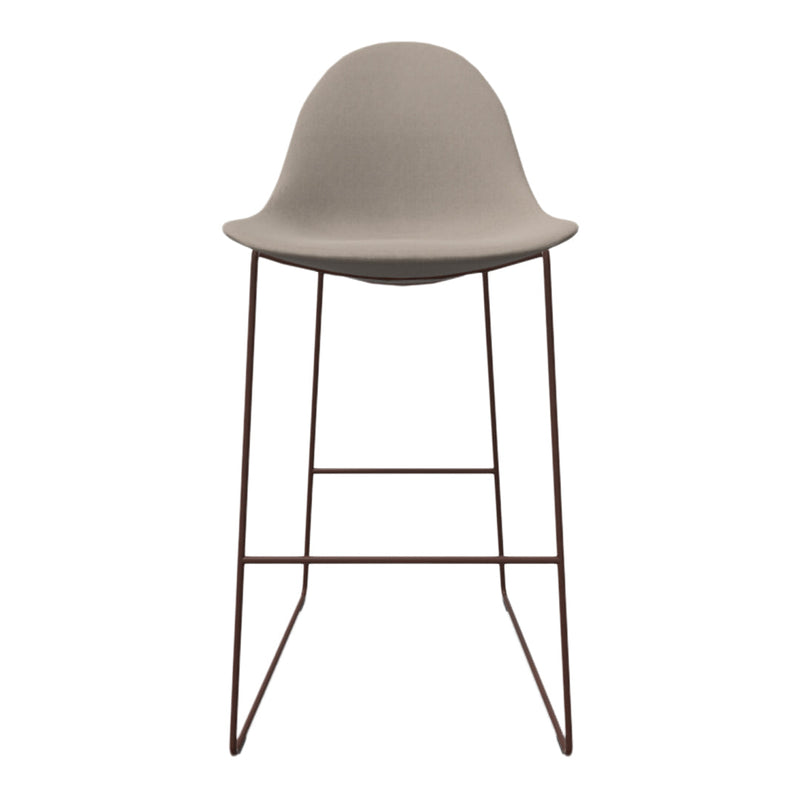 Light taupe bar stool with a minimalist design and sleek brown metal legs. Perfect for modern interiors.