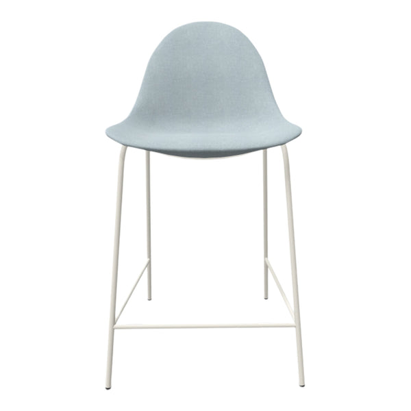 Light blue upholstered chair with a minimalist white metal frame, perfect for modern decor.