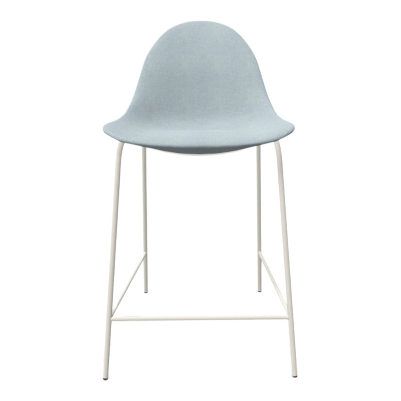 Light blue upholstered chair with a minimalist white metal frame, perfect for modern decor.
