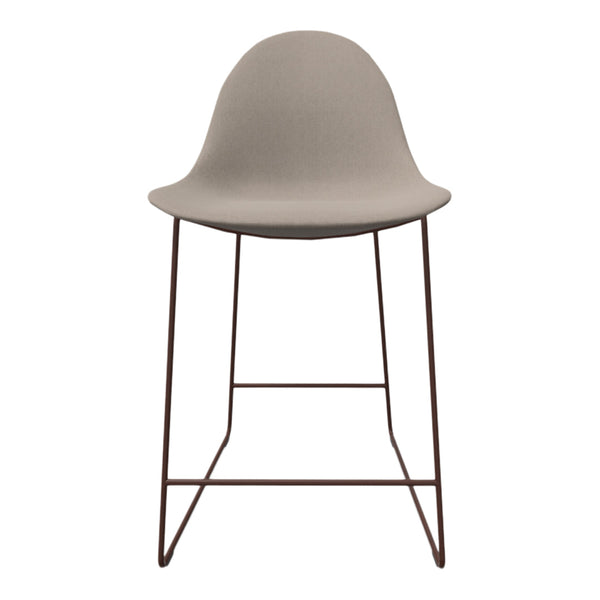 Light gray upholstered chair with a brown metal frame, featuring a smooth, minimalist design.