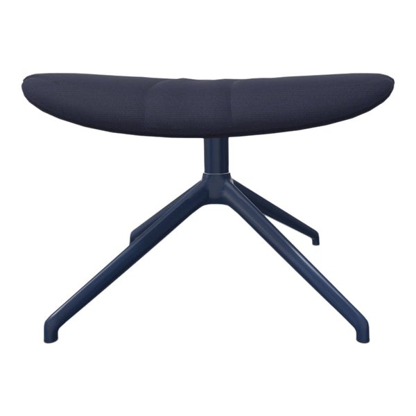Navy blue upholstered ottoman with a sleek metal base, featuring a textured pattern and modern minimalist design.