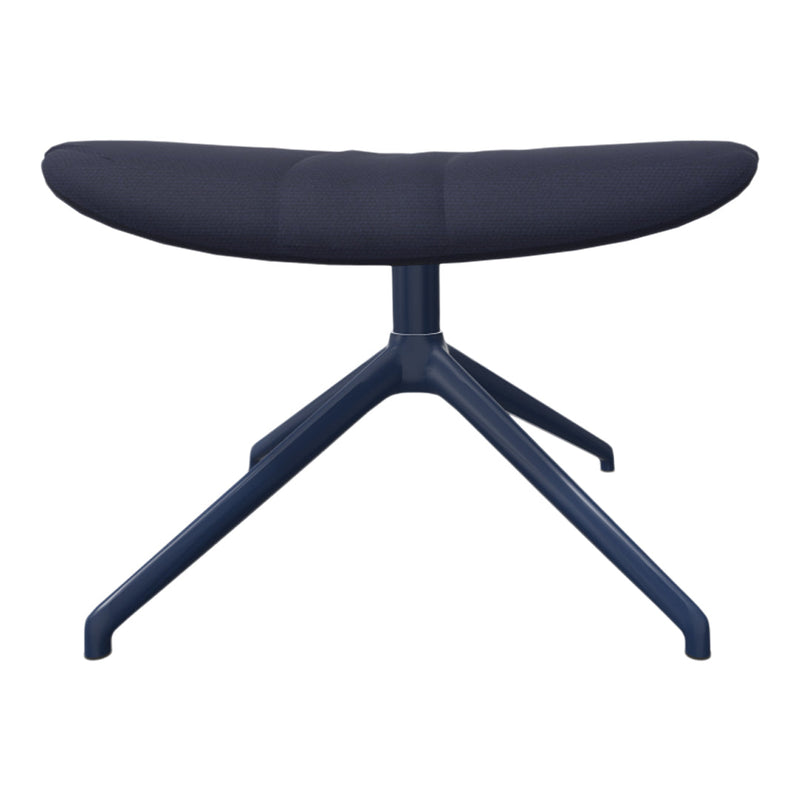 Navy blue upholstered ottoman with a sleek metal base, featuring a textured pattern and modern minimalist design.